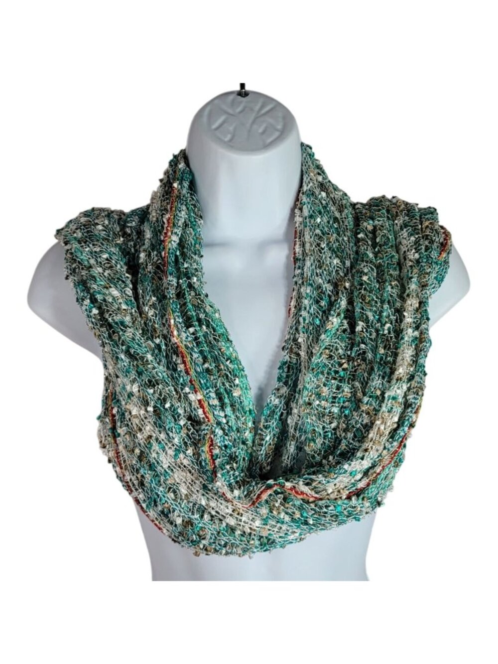 Womens Open Knit Fashion Scarf Turquoise Blue Brown Open Knit Fringe Silver